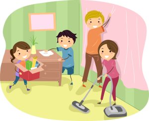 family members cleaning