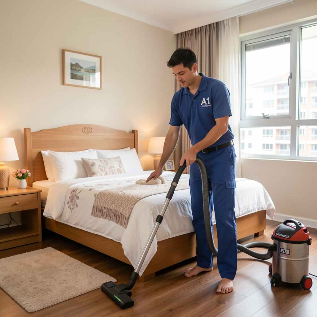 cleaner vacumming the bedroom floor cleaner vacumming the bedroom floor