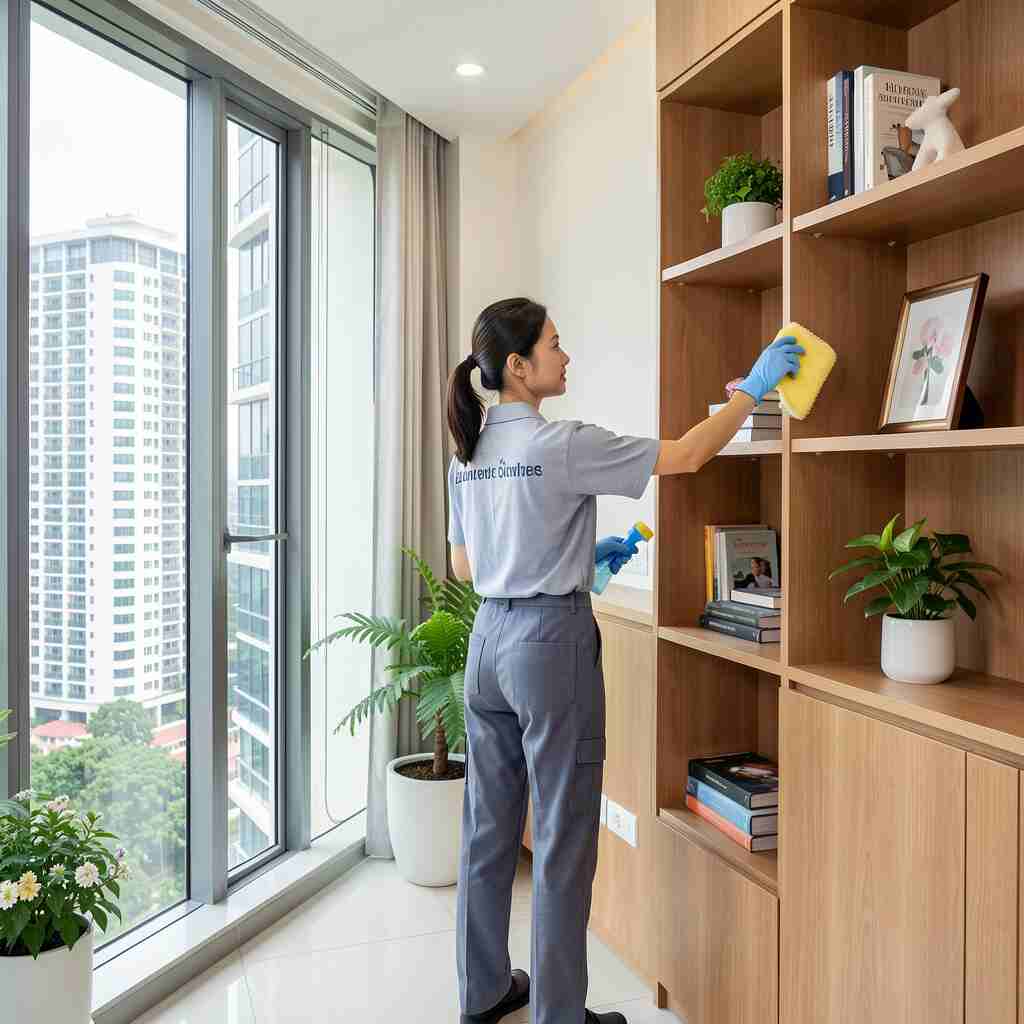 female-worker-cleaning shelves female-worker-cleaning shelves in SIngapore apartment