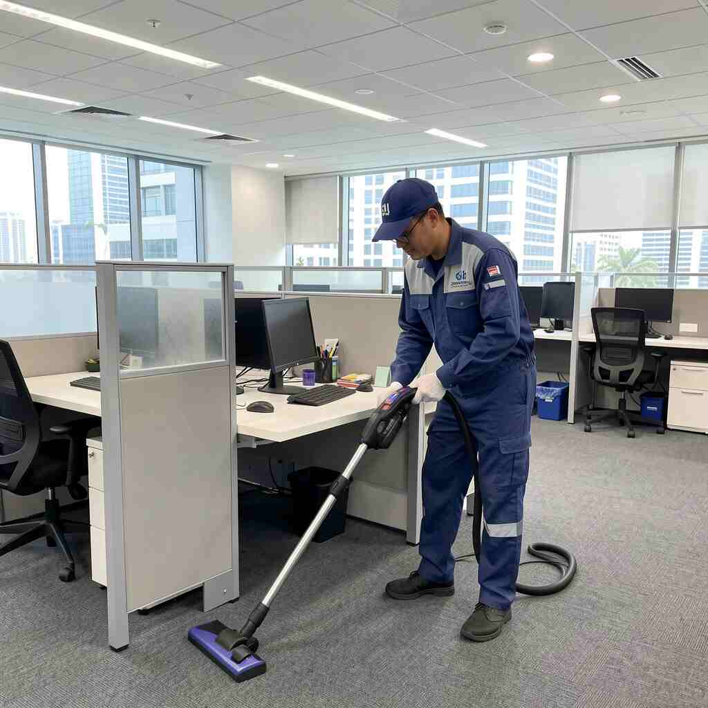 foreign-worker-in-a1-cleaning-services-uniform-vaccuming foreign-worker-in-a1-cleaning-services-uniform-vaccuming the office