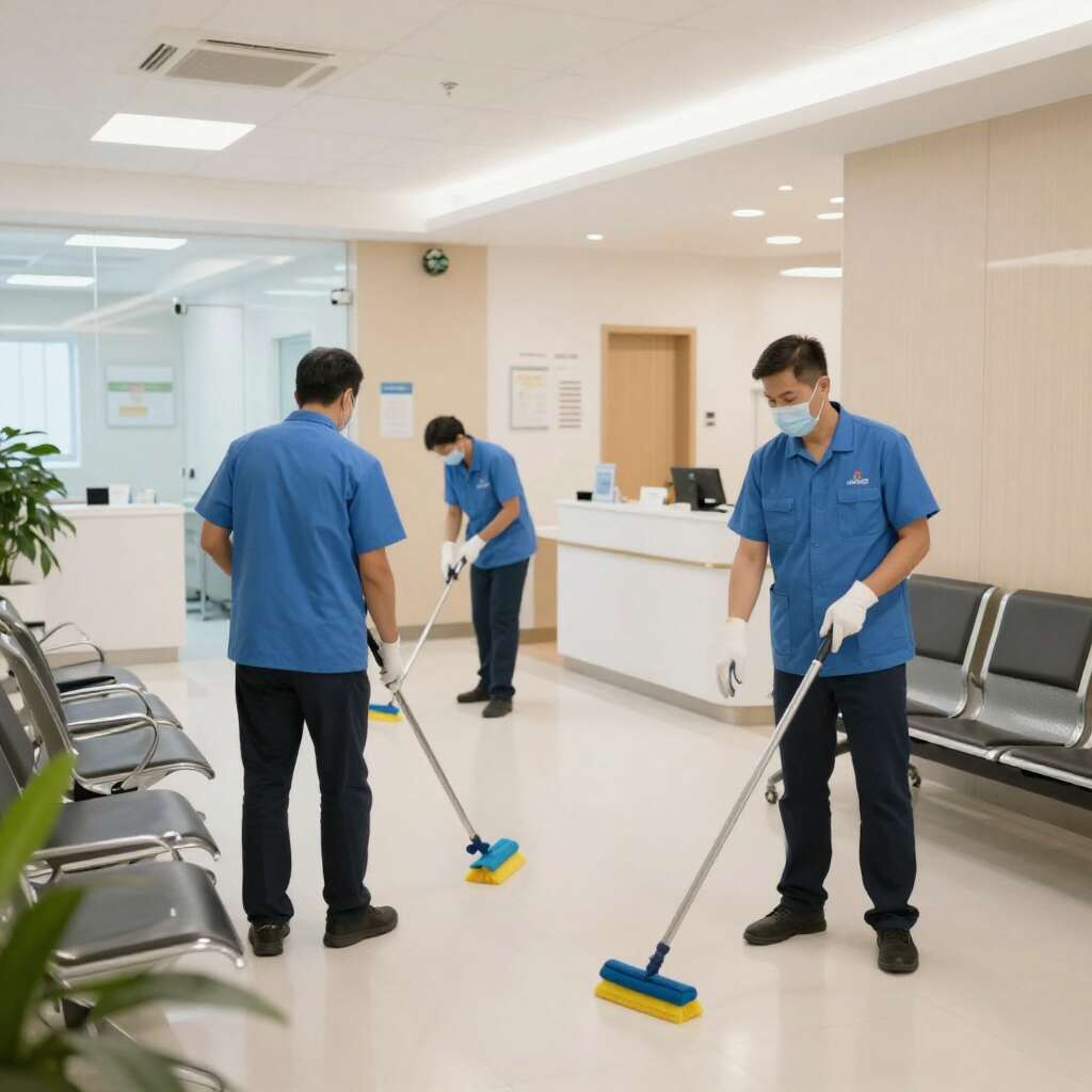 image of 3 male cleaners cleaning a medical clinic image of 3 male cleaners cleaning a medical clinic
