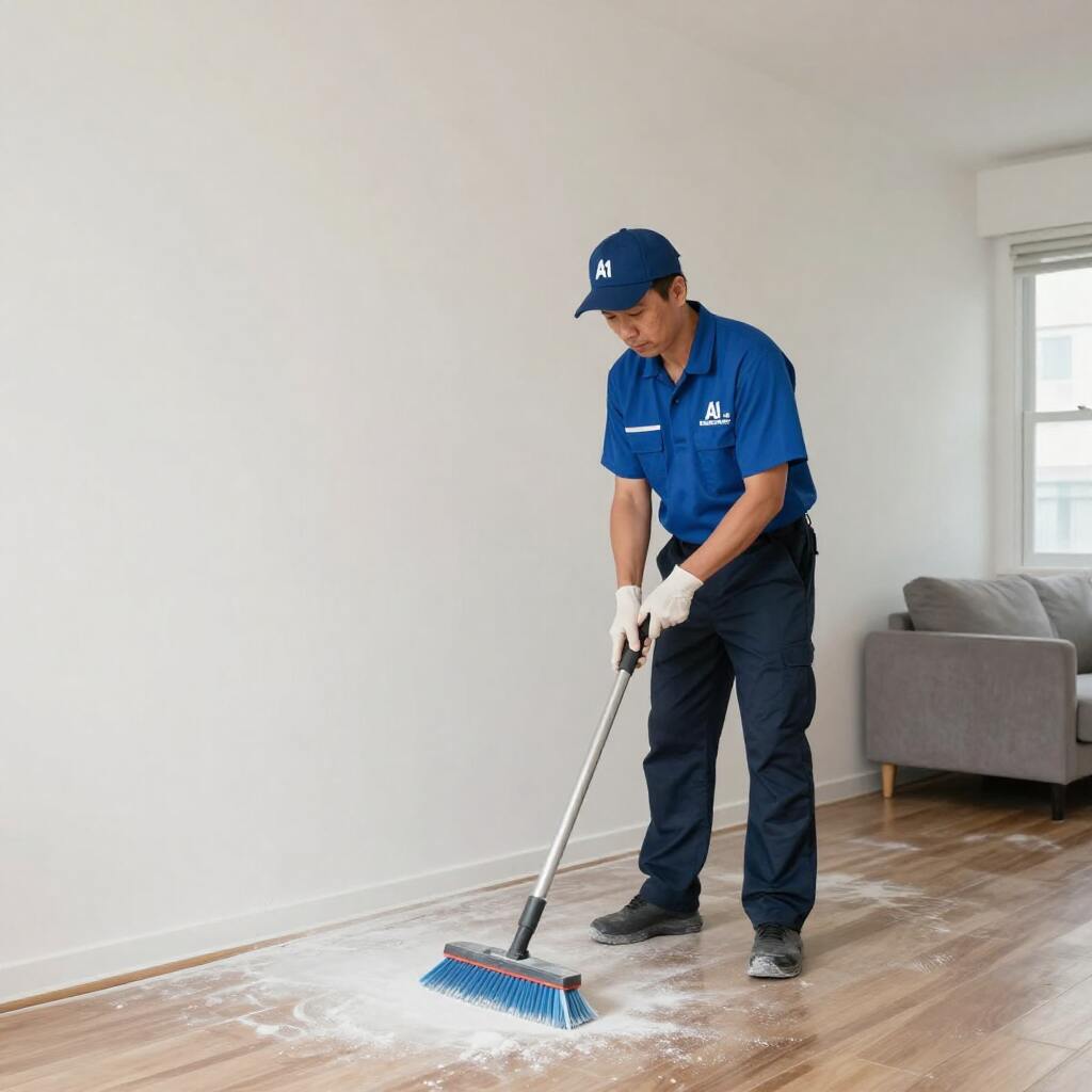 cleaner sweeping renovation debris in the living room cleaner sweeping renovation debris in the living room