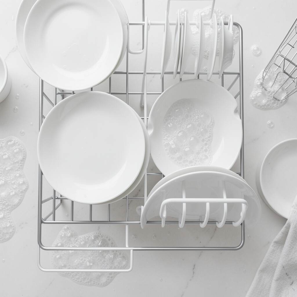 topdown-view-of-spotless-dishes-drying-on-rack topdown-view-of-spotless-dishes-drying-on-rack